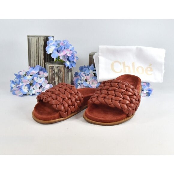 Chloe Shoes - Chloe Terracotta Brown Leather Kacey Woven Flat Mules Slides Sz 37 NIB